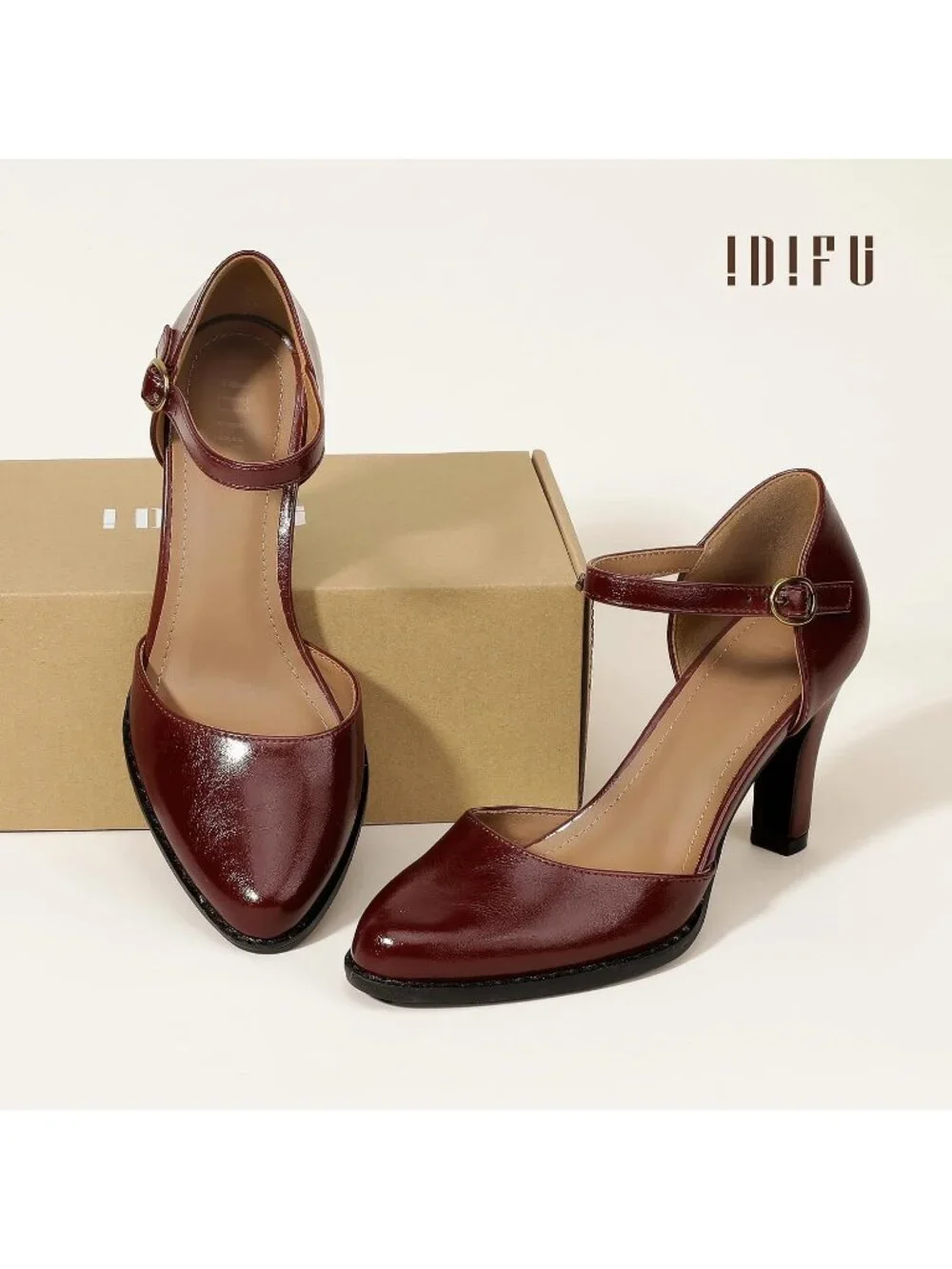 Women's Burgundy Pu Closed Toe Chunky High Heels Comfortable Dress Pumps Shoes